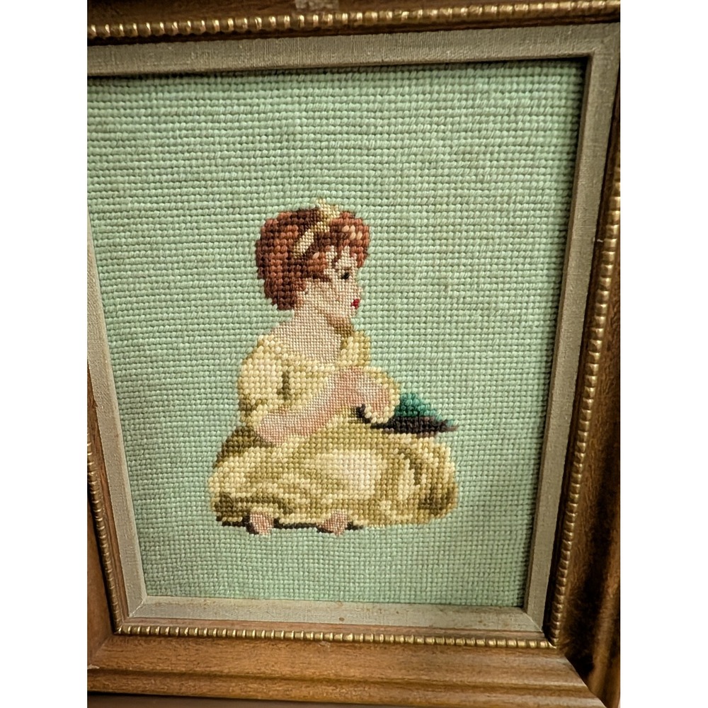 Vintage Framed Needlepoint Art Little Girl Embroidery Wall Decor Home Accent - Picture 2 of 4